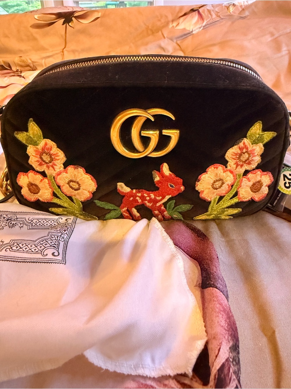 Authentic Gucci GG Marmont Velvet Embroidered Floral & Bambi Shoulder Bag